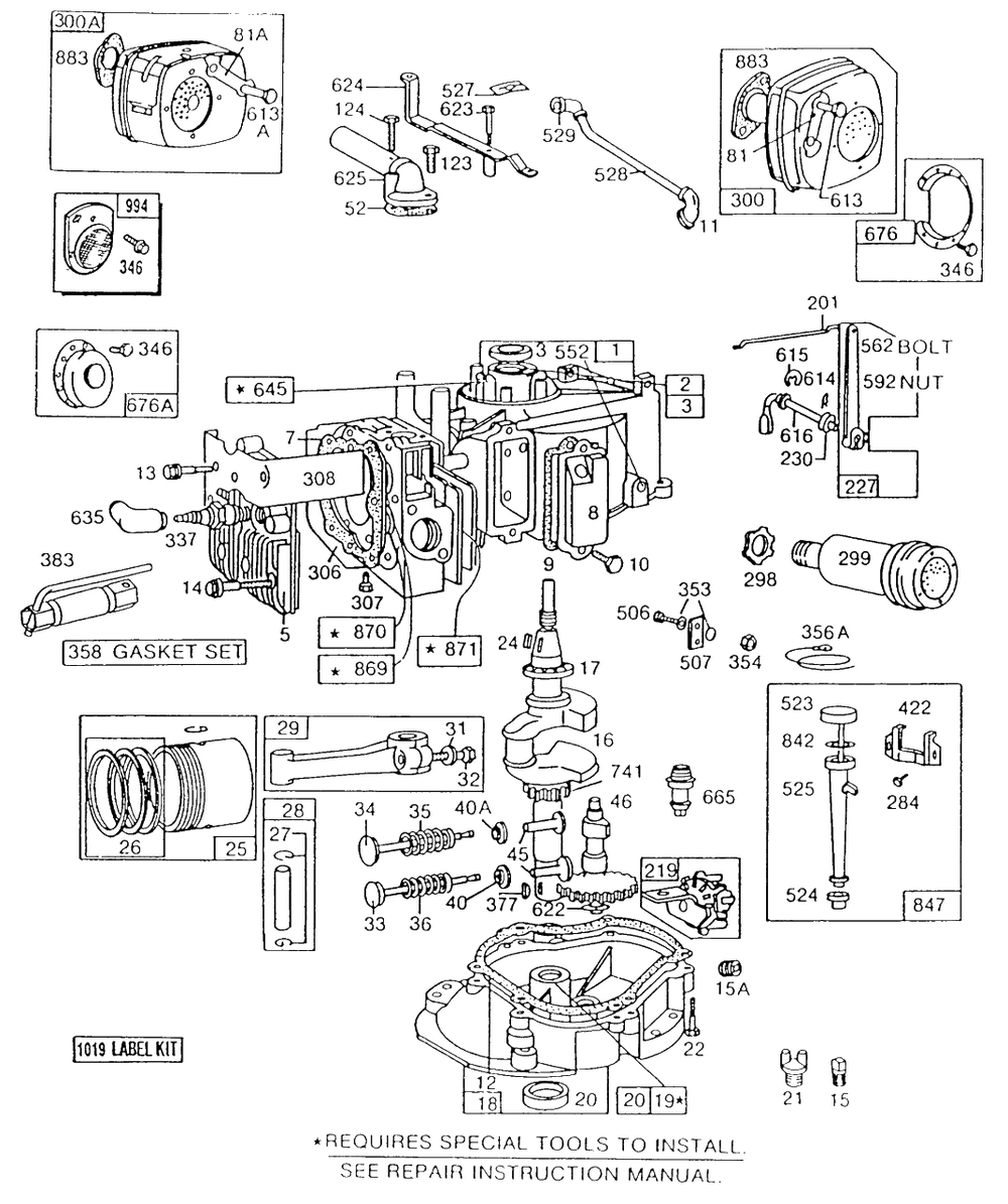 Cylinder,sump,piston,muffler Diagram and Parts List for 131922-0170-XX  Briggs and Stratton Engine